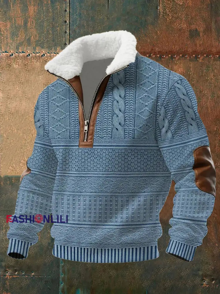 Men’s Retro Cable Pattern Print Fur Collar Zipper Sweatshirt Blue / S