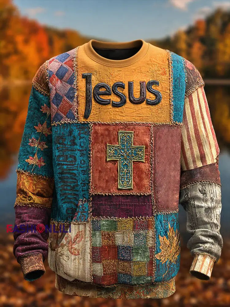 Men’s Retro Casual Faith Cross Art Print Crew Neck Sweatshirt As picture / S