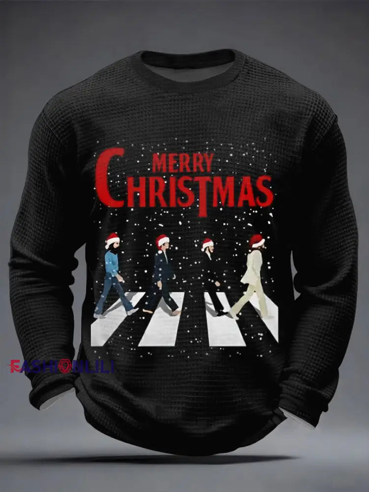 Men’s Retro Classic Legendary Rock Band Merry Christmas Print Gift For Fans Casual Waffle Long Sleeve T-Shirt Black / S