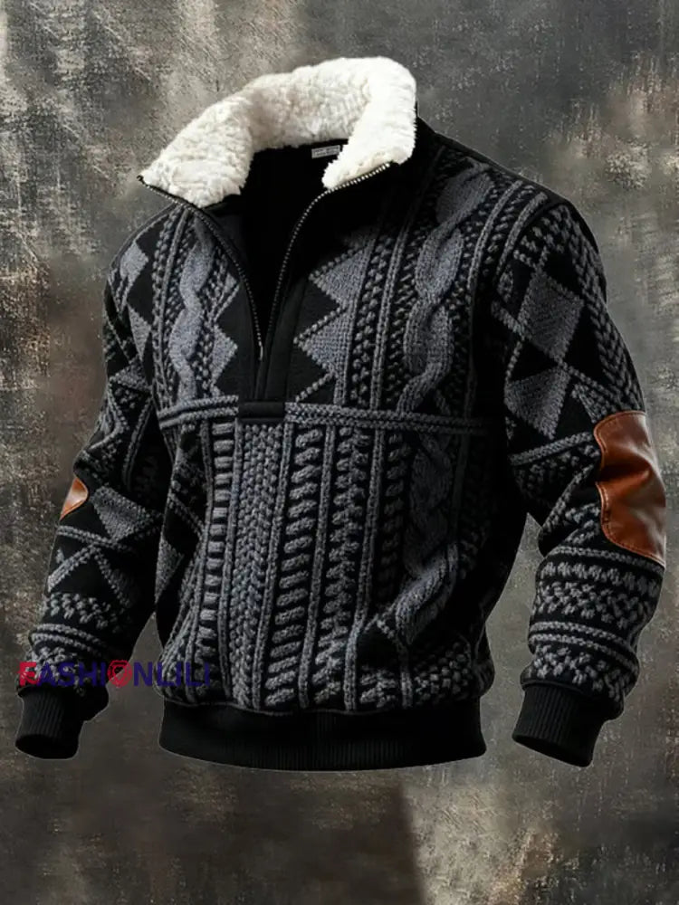 Men’s Retro Color Block Print Casual Fur Collar Zip-up Hoodie As picture / S