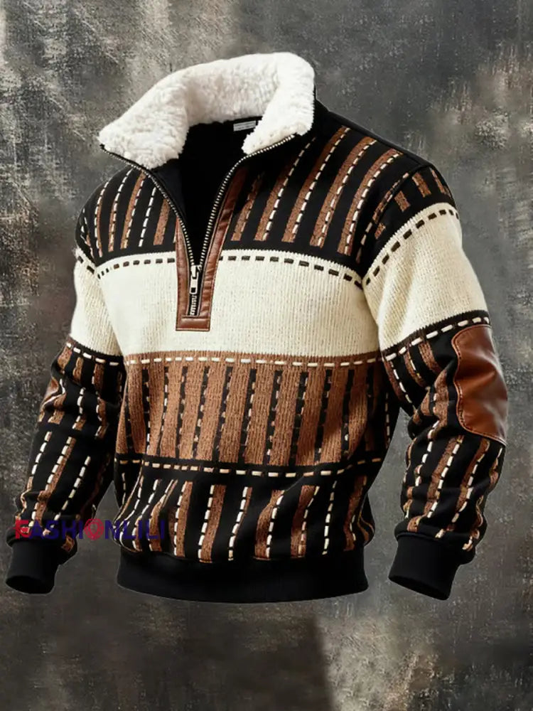 Men’s Retro Color Block Print Casual Fur Collar Zip-up Hoodie As picture / S