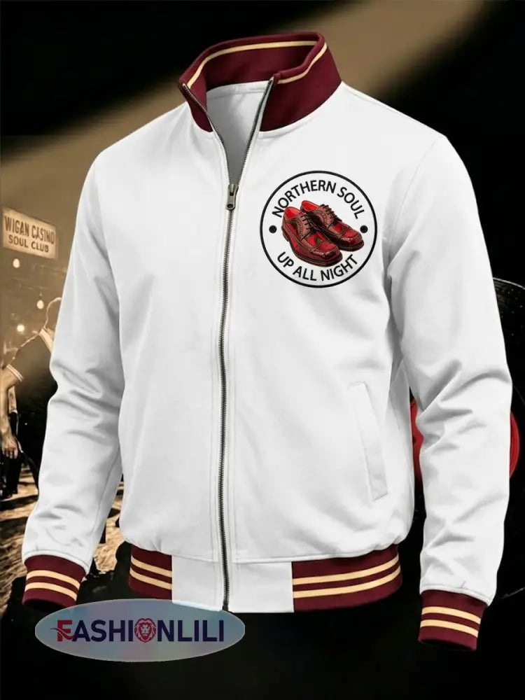 Men’s Retro Northern Soul Up All Night Print Casual Zipper Sweatshirt - White / S