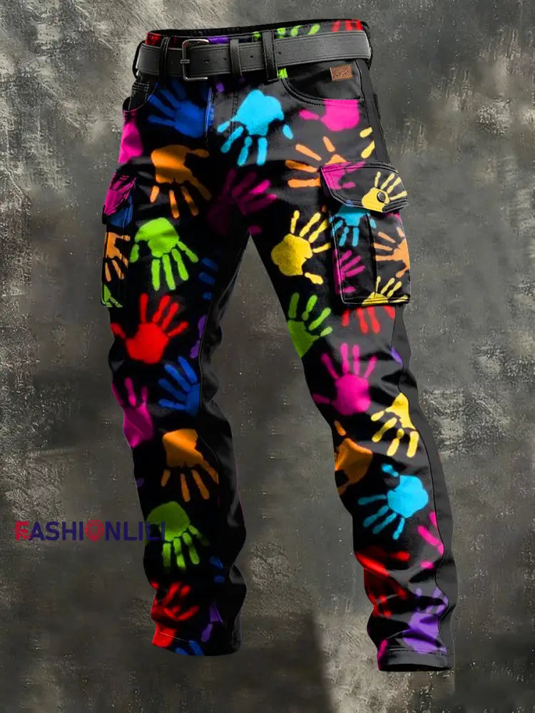 Men’s Retro Vacation Business Art Print Casual Workwear Trousers Black / S