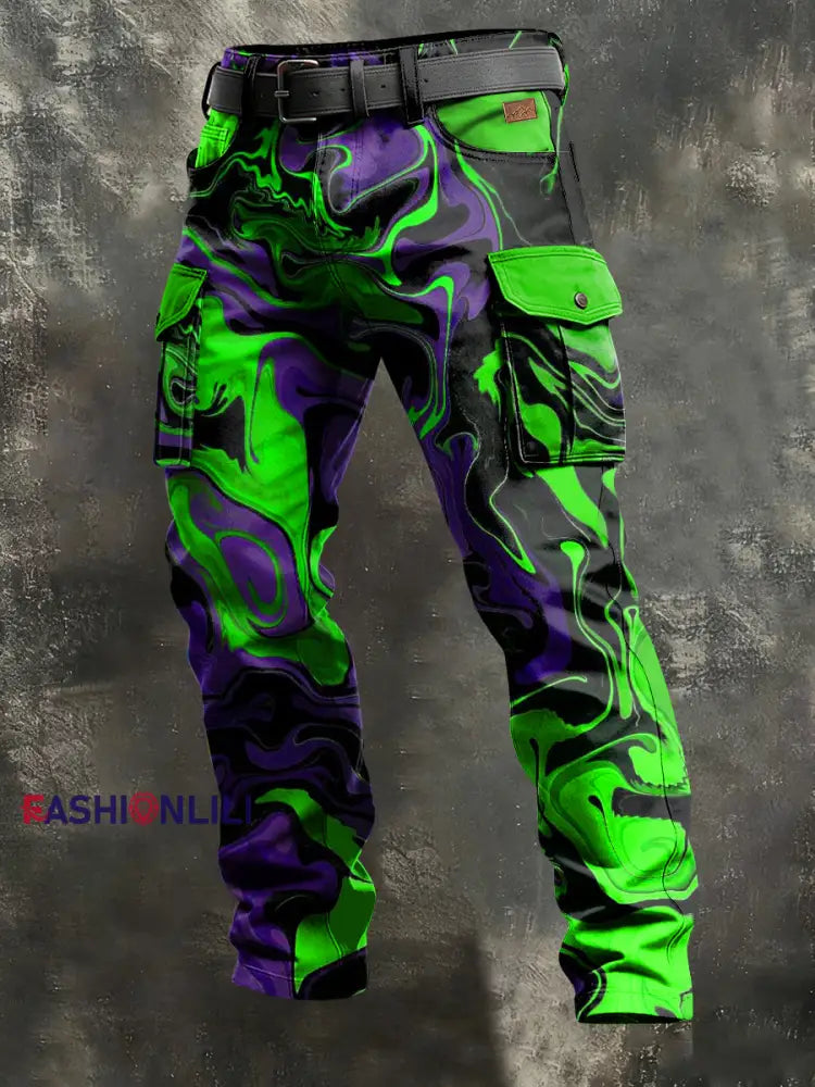 Men’s Retro Vacation Business Art Print Casual Workwear Trousers Green / S