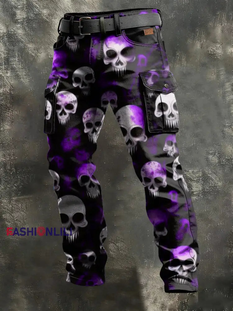 Men’s Retro Vacation Business Art Print Casual Workwear Trousers Purple / S