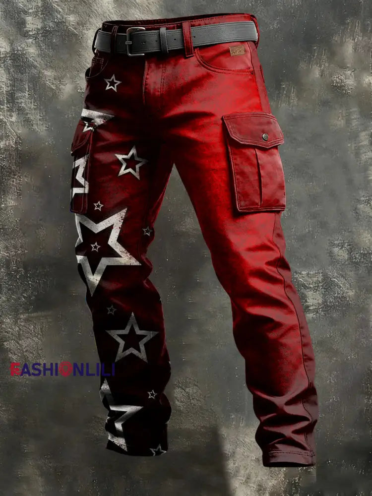 Men’s Retro Vacation Business Art Print Casual Workwear Trousers Red / S