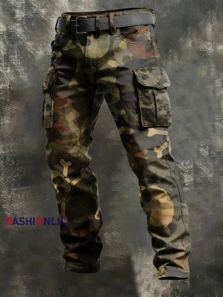 Men’s Retro Vacation Business Skull Art Print Casual Workwear Trousers Army Green / S