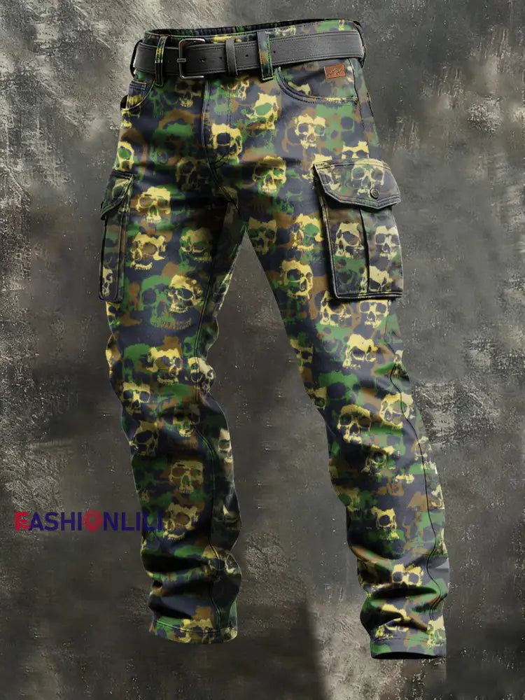 Men’s Retro Vacation Business Skull Art Print Casual Workwear Trousers Green / S