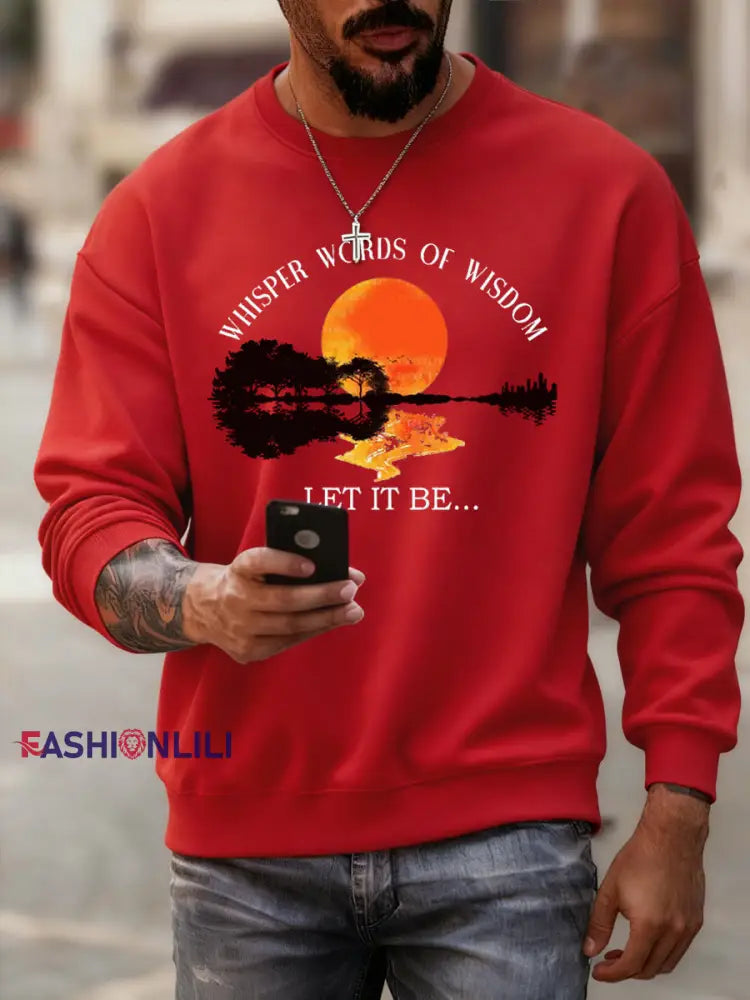 Men’s Retro Whisper Words Of Wisdom Let It Be Guitar Print Casual Sweatshirt Red / S