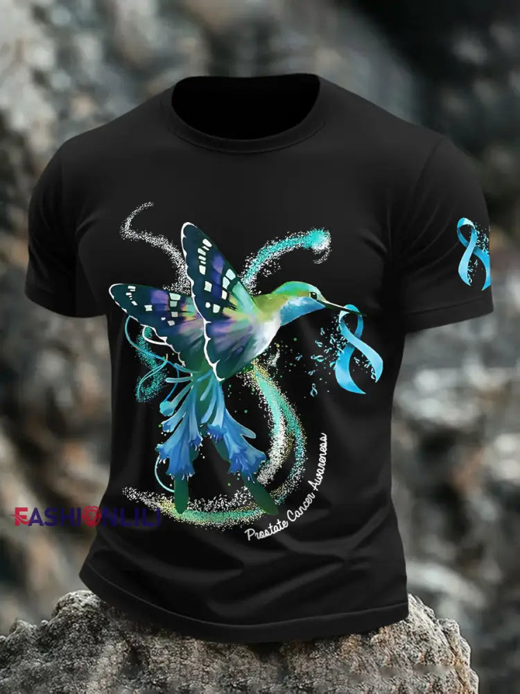 Men’s Ribbon Prostate Cancer Hummingbird T Shirts Black / S
