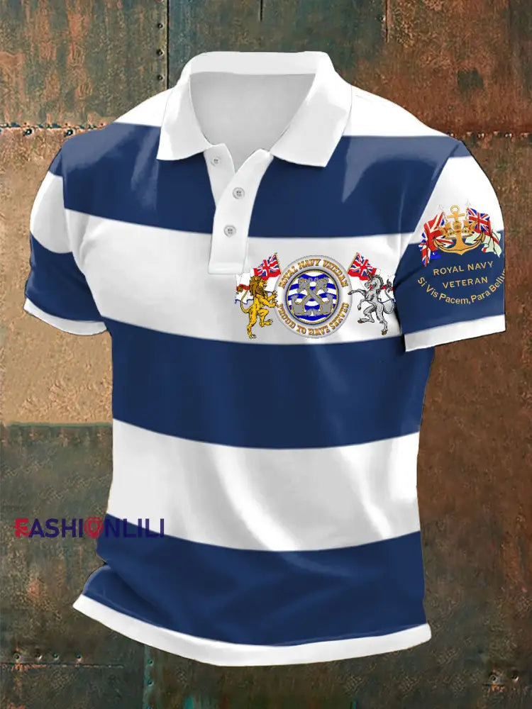 Men’s Royal Navy Veteran Printed Casual Tops Navy Blue / S