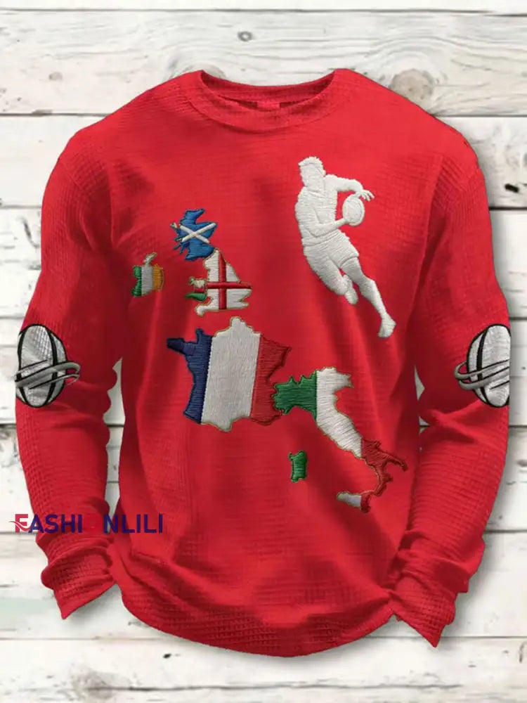 Men’s Rugby Lover Game of Nations Printed Waffle Long Sleeve Top Red / S