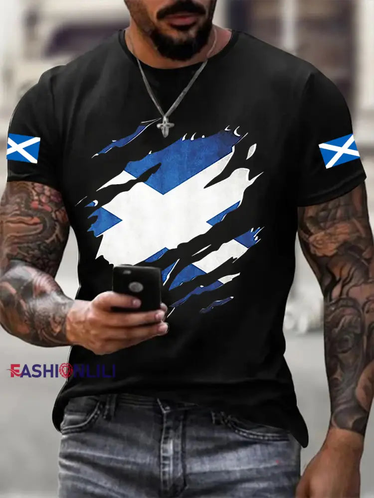 Men’s Scotland Flag Proud The Brave Printed Casual Short Sleeve T-shirt Black / S