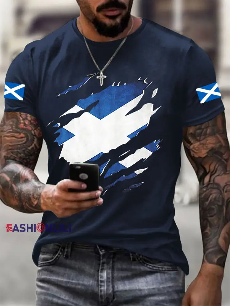Men’s Scotland Flag Proud The Brave Printed Casual Short Sleeve T-shirt Navy Blue / S