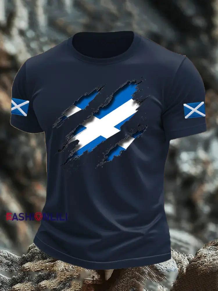 Men’s Scotland Flag Proud The Brave Printed Casual Short Sleeve T-shirt Navy Blue / S