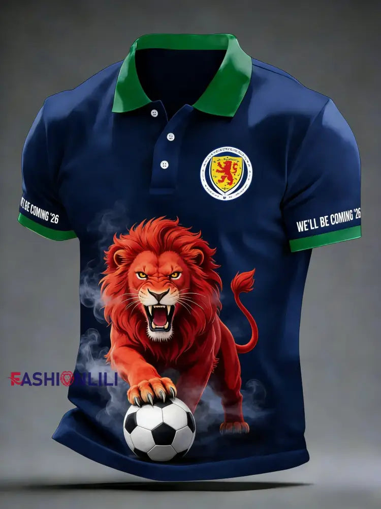 Men’s Scotland Football Lover Tartan Army Printed Polo Shirt Blue / S