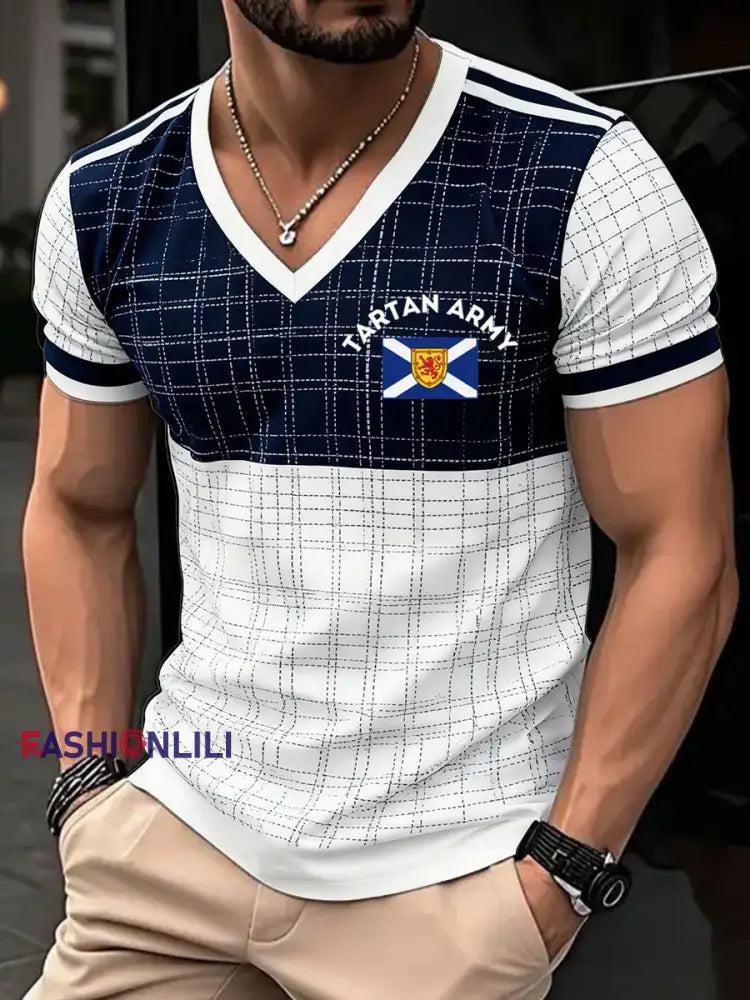 Men’s Scotland Football Lover Tartan Army Printed V-neck T-shirt As picture / S