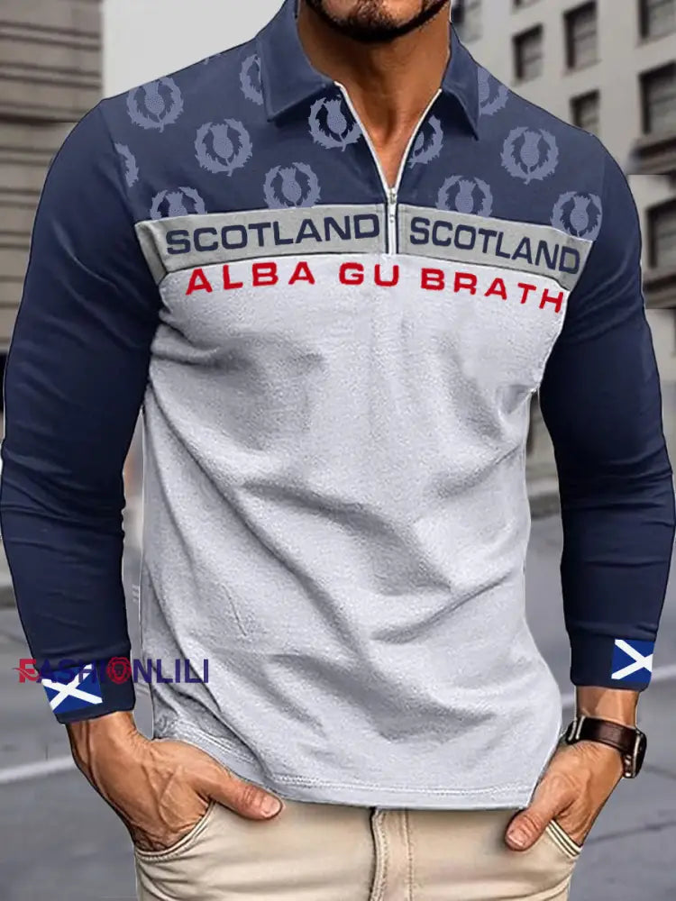 Men’s Scotland Rugby Lover Printed Zip-Up Tops Light Gray / S