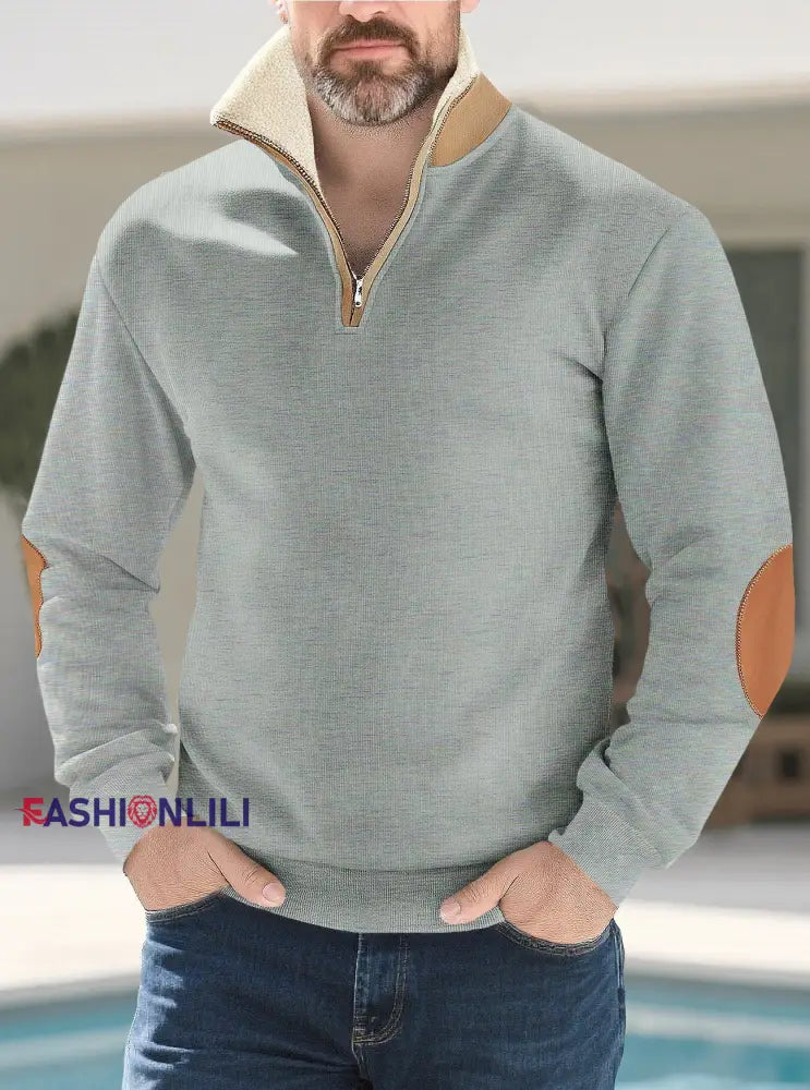 Men’s Solid Color Half-Zip Fur Collar Pullover Light Gray / S