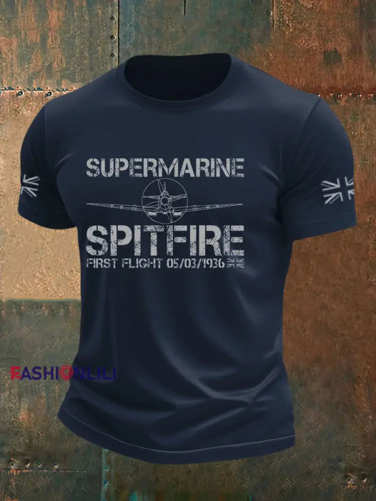 Men’s Supermarine Spitfire Veteran RAF imitation cotton short sleeved T shirt Navy Blue / S