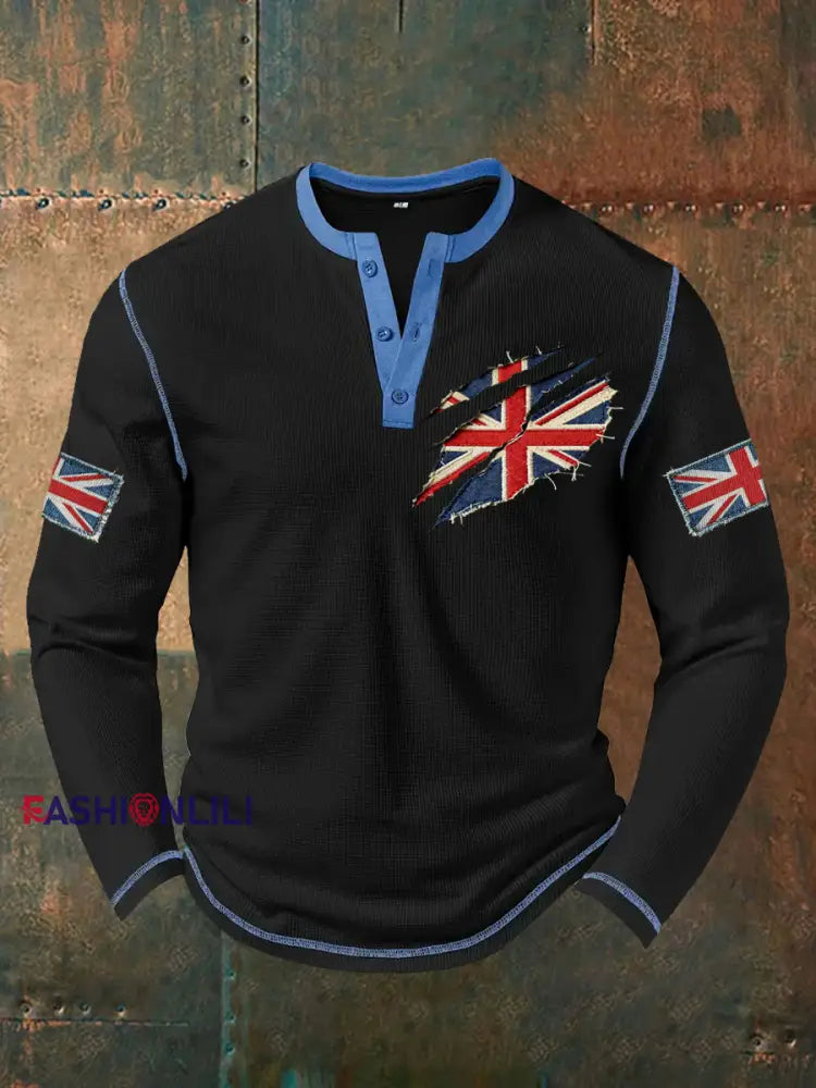 Men’s UK Flag Art Printed Casual Tops Black / S