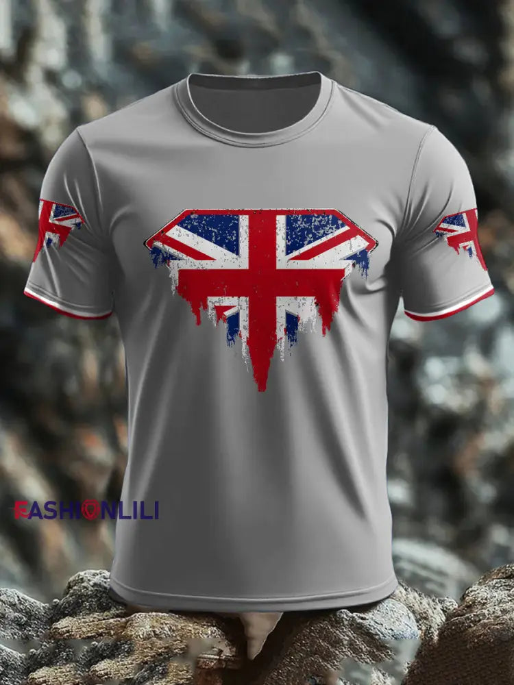 Men’s UK Flag Art Printed T shirt Light Gray / S