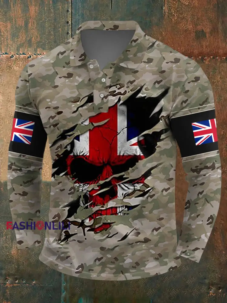 Men’s UK Flag Camouflage Skull Print Casual Long-Sleeve Top Camouflage / S