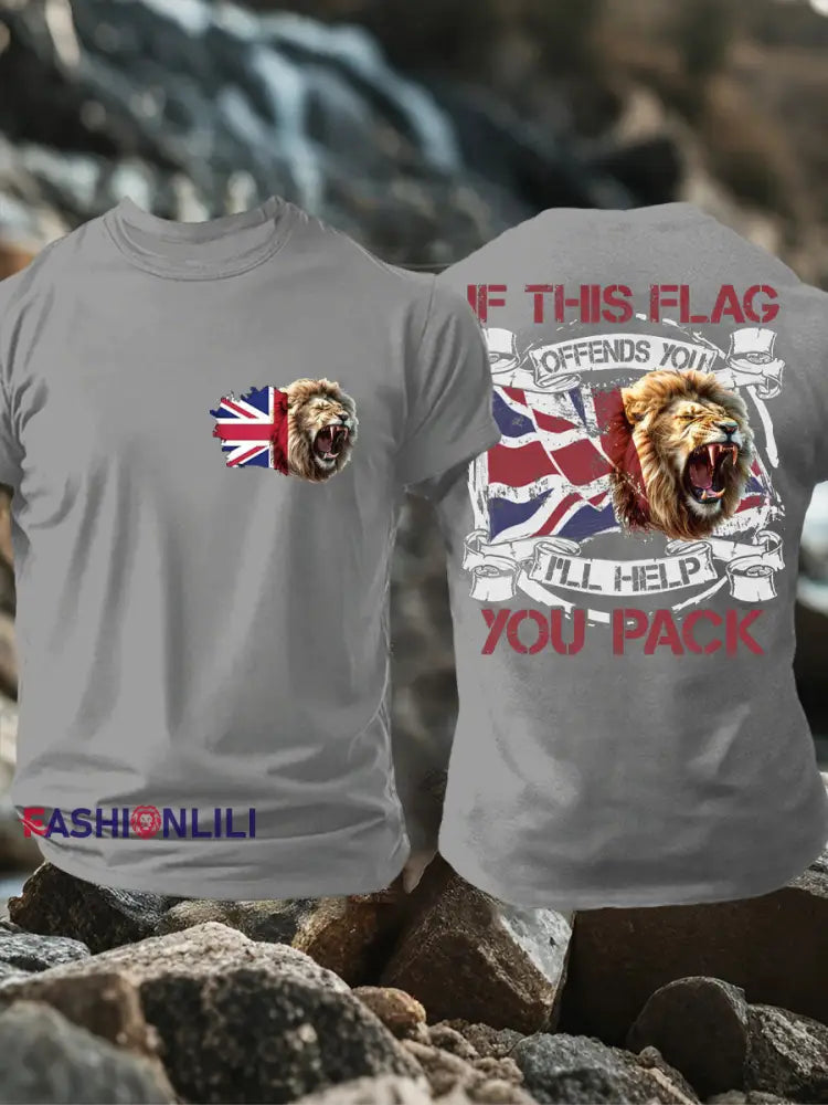 Men’s UK Flag Lion Patriotic Printed T-shirt Light Gray / S
