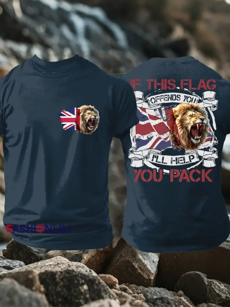 Men’s UK Flag Lion Patriotic Printed T-shirt Navy Blue / S