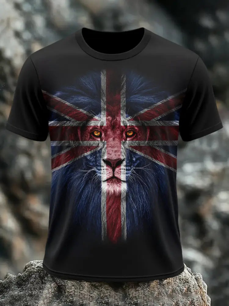 Men’s UK Flag Lion Print Casual Tee Black / S