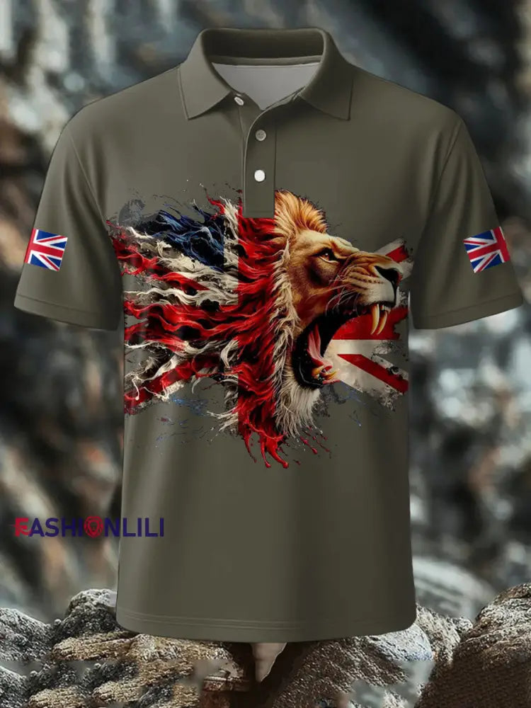 Men’s UK Flag Lion Printed Casual Tops Army Green / S