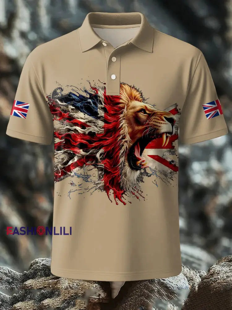 Men’s UK Flag Lion Printed Casual Tops Khaki / S