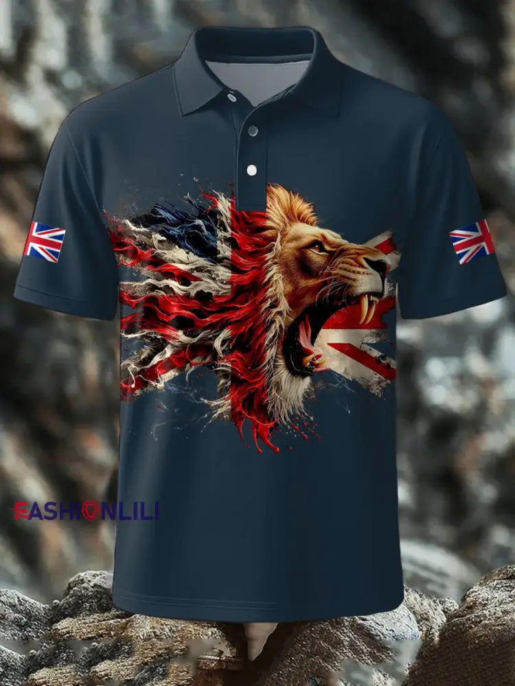 Men’s UK Flag Lion Printed Casual Tops Navy Blue / S