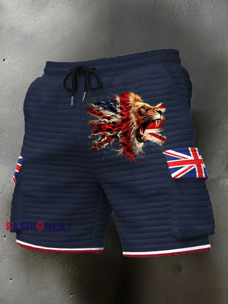 Men’s UK Flag Lion Printed Shorts Navy Blue / S