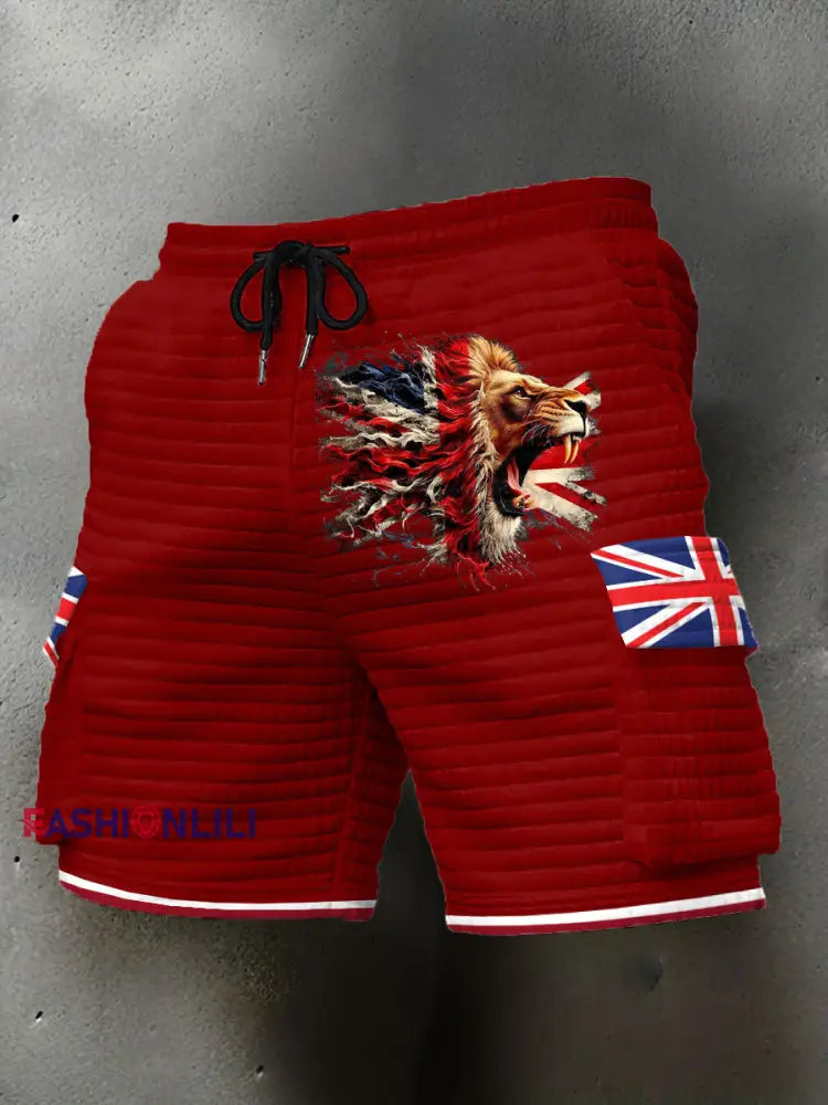 Men’s UK Flag Lion Printed Shorts Red / S