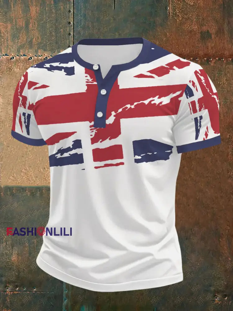 Men’s UK Flag Print Casual Henley Neck Tee Blue / S