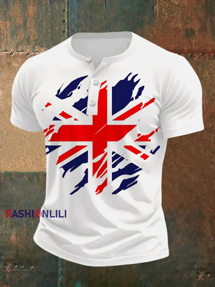 Men’s UK Flag Print Casual Henley Neck Tee White / S