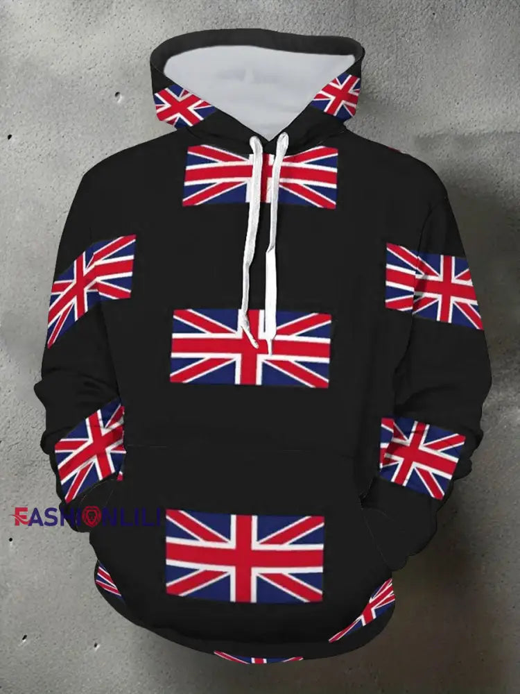 Men’s UK Flag Print Casual Hoodie Black / S