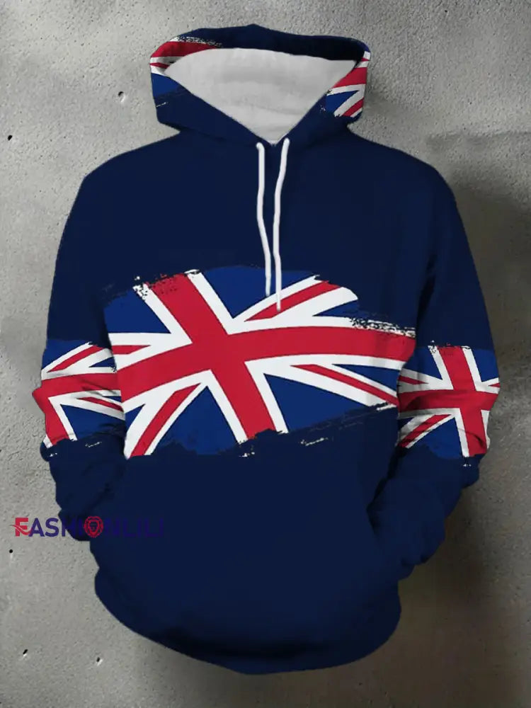 Men’s UK Flag Print Casual Pocket Hoodie Navy Blue / S