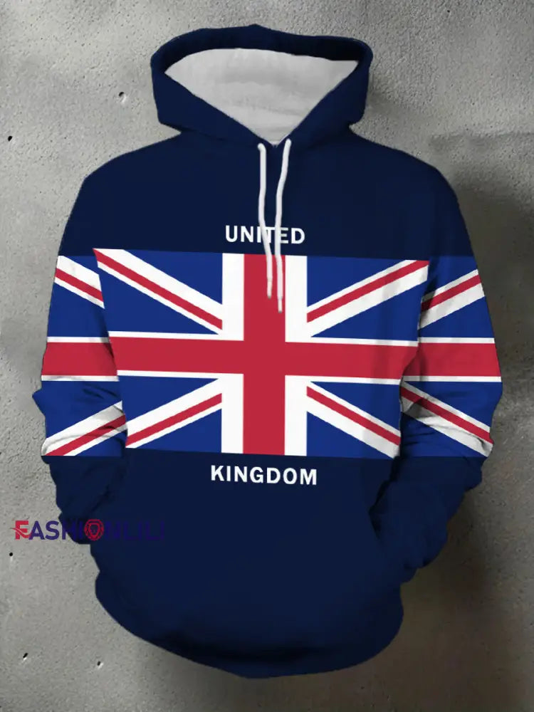 Men’s UK Flag Print Casual Pocket Hoodie Navy Blue / S