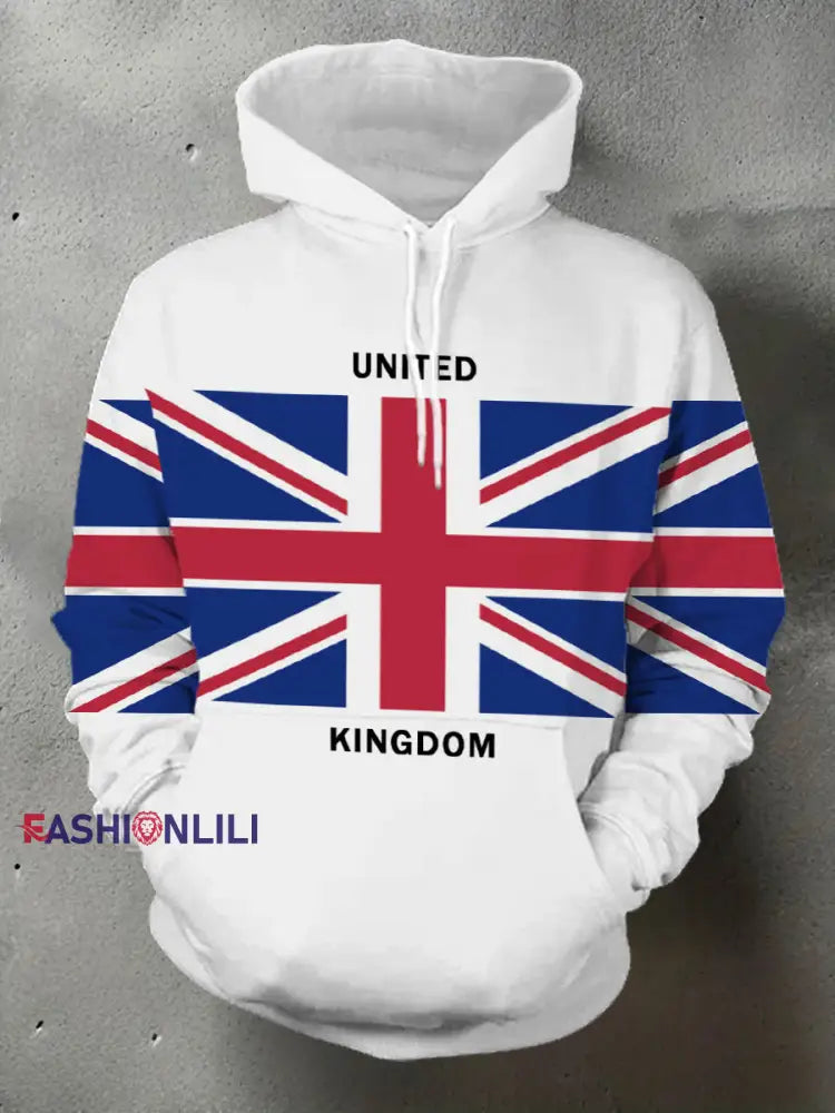 Men’s UK Flag Print Casual Pocket Hoodie White / S