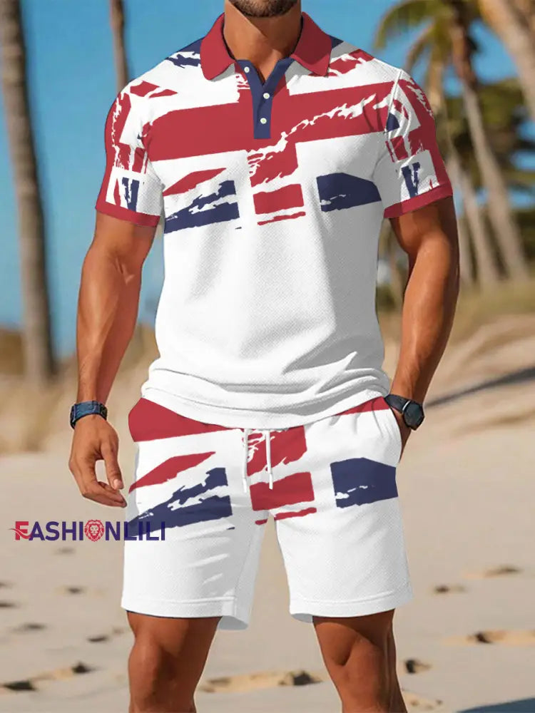 Men’s UK Flag Print Casual Polo Two-Piece Sets Red / S
