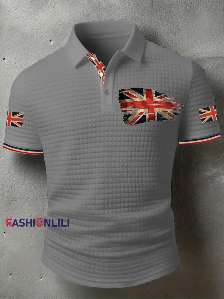 Men’s UK Flag Print Casual Short-Sleeve Waffle Top Gray / S
