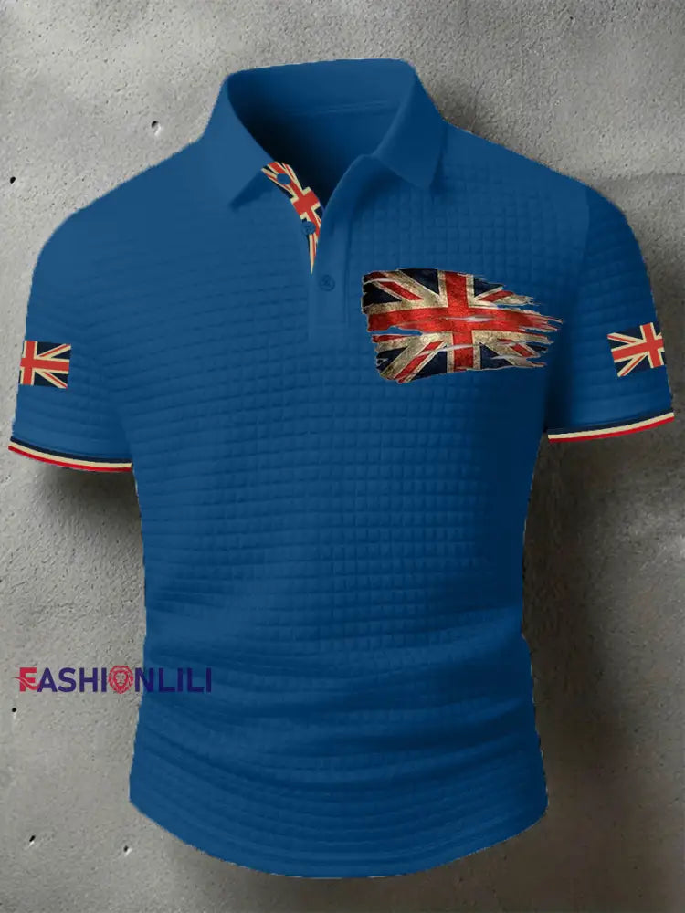 Men’s UK Flag Print Casual Short-Sleeve Waffle Top Navy Blue / S