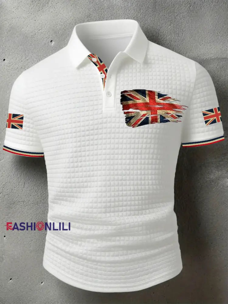 Men’s UK Flag Print Casual Short-Sleeve Waffle Top White / S