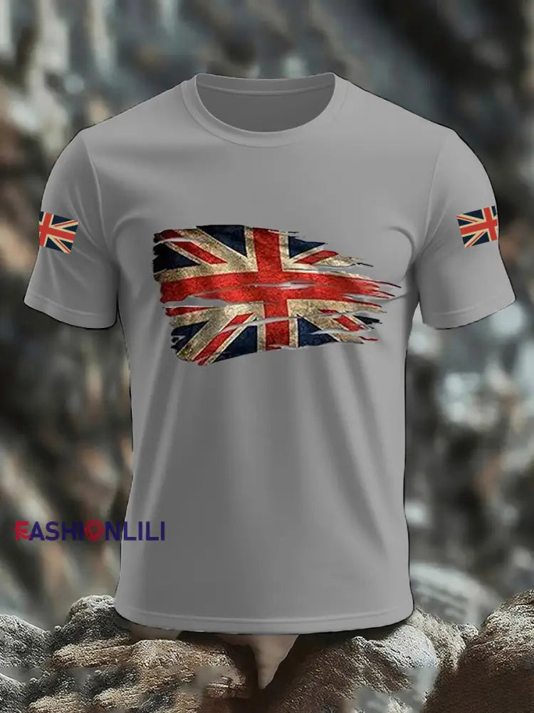 Men’s UK Flag Print Casual Tee Light Gray / S