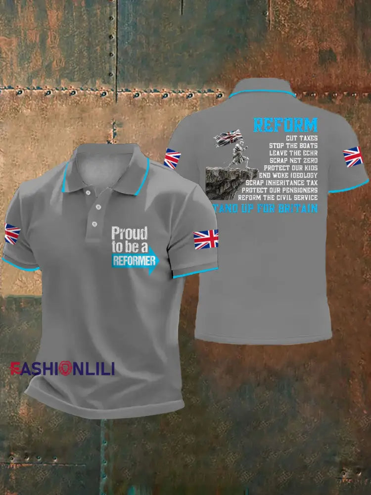 Men’s UK Flag Reform Printed Casual Tops Light Gray / S