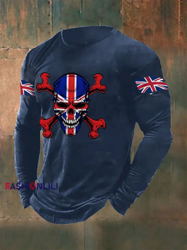 Men’s UK Flag Skull Print Casual Long Sleeve T-Shirt Navy Blue / S