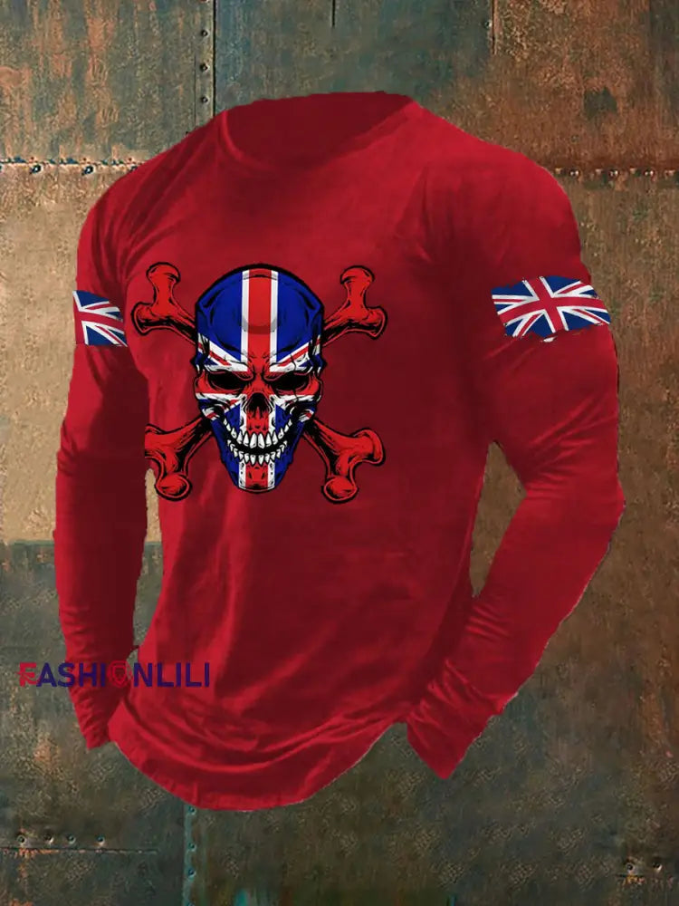Men’s UK Flag Skull Print Casual Long Sleeve T-Shirt Red / S