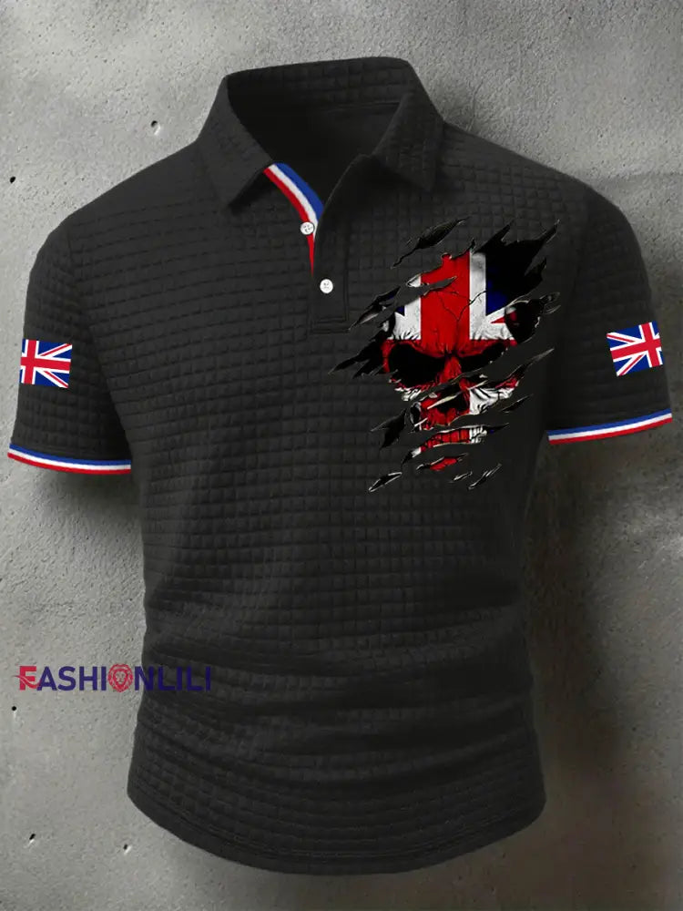 Men’s UK Flag Skull Print Casual Short-Sleeve Waffle Top Black / S